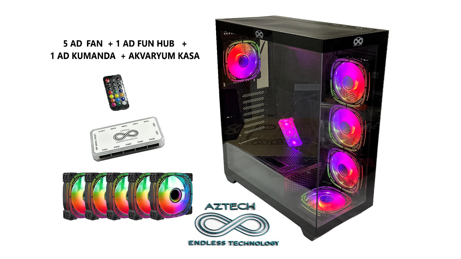 AZTECH AZT101-B 600W TEMPERLI CAM U.KUMANDALI+5XRGB FAN AKVARYUM GAMING KASA SIYAH