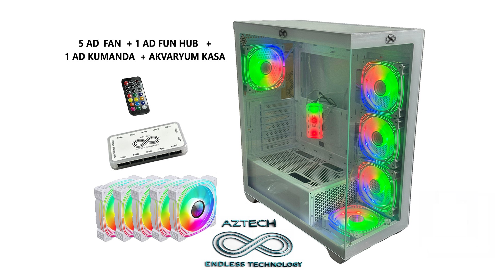 AZTECH AZT201-W 600W TEMPERLI CAM U.KUMANDALI+5XRGB FAN AKVARYUM GAMING KASA BEYAZ