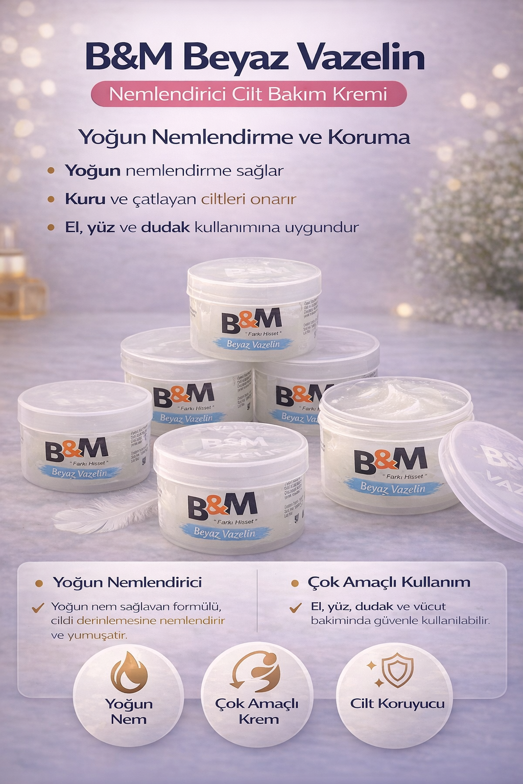 B&M Beyaz Vazelin Nemlendirici Cilt Bakım Kremi Çok Amaçlı Yoğun Nemlendirici 6 Adet