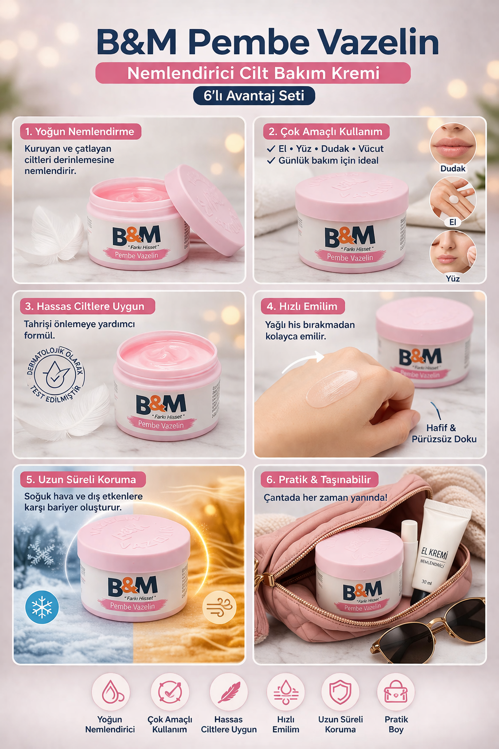 B&M Pembe Vazelin Nemlendirici Cilt Bakım Kremi Çok Amaçlı Vazelin 6 Adet