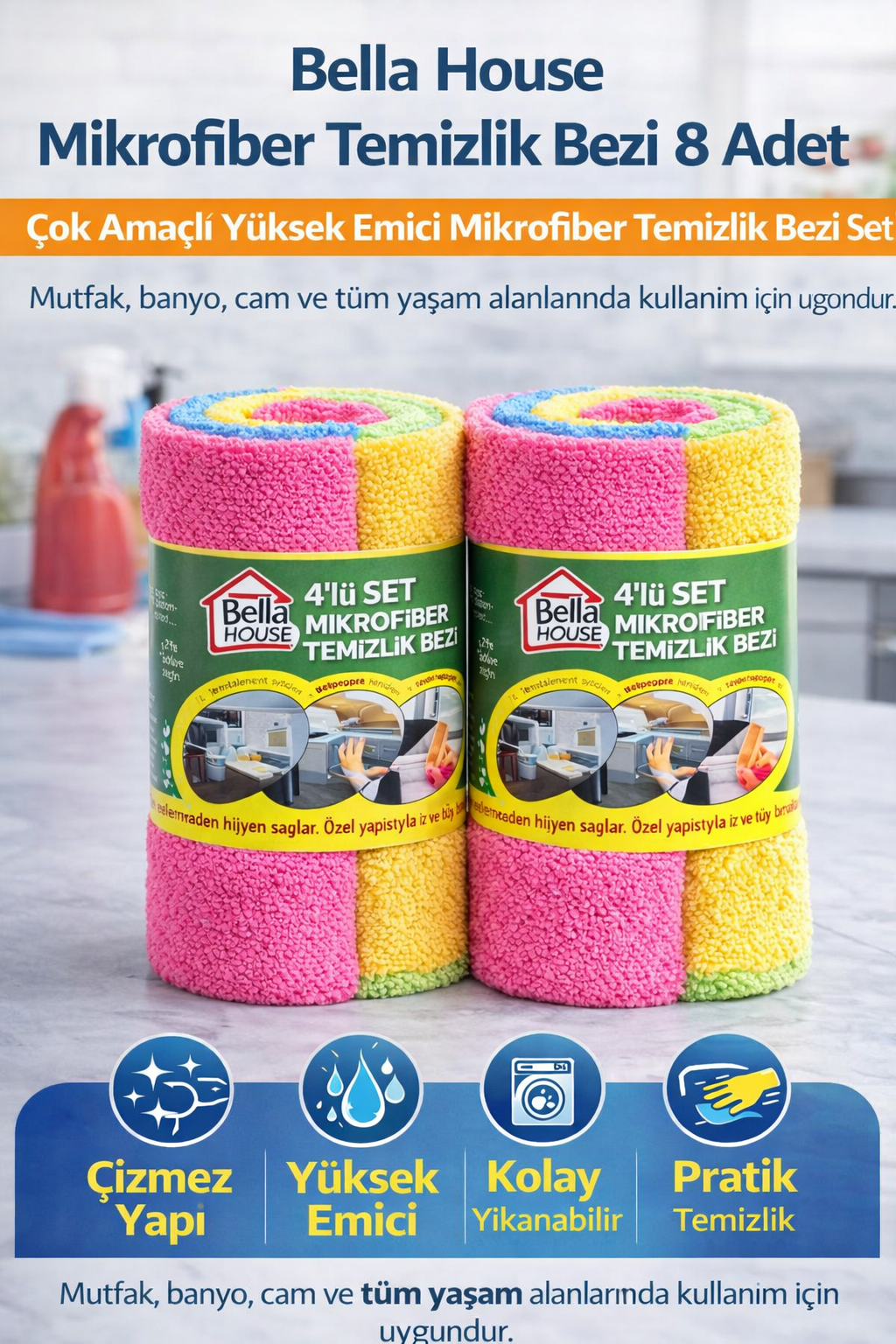 Bella House Mikrofiber Temizlik Bezi 8 Adet (4'lü 2 Rulo) Çok Amaçlı Yüksek Emici Mikrofiber Temizlik Bezi Seti