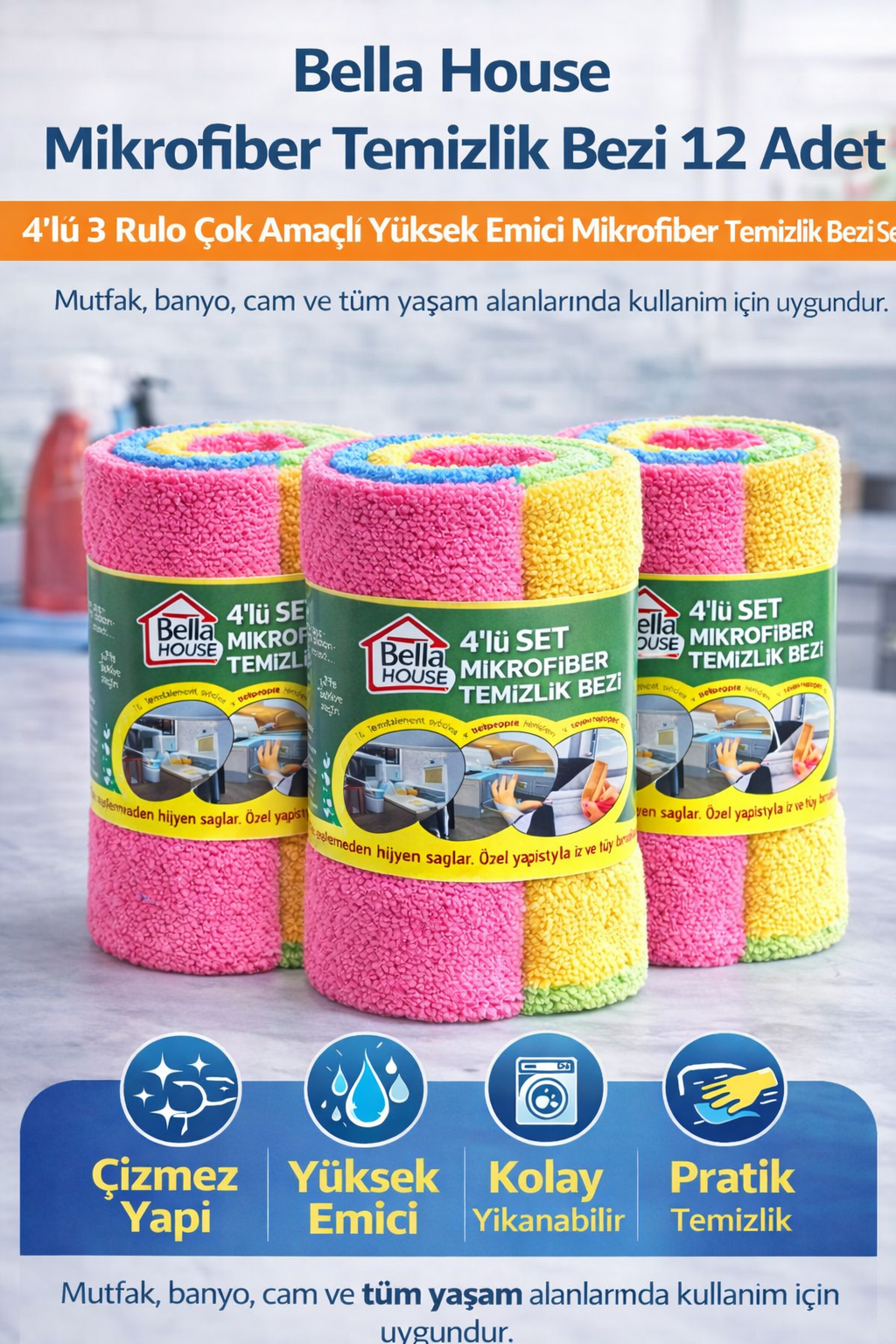 Bella House Mikrofiber Temizlik Bezi 12 Adet (4'lü 3 Rulo) Çok Amaçlı Yüksek Emici Mikrofiber Temizlik Bezi Seti