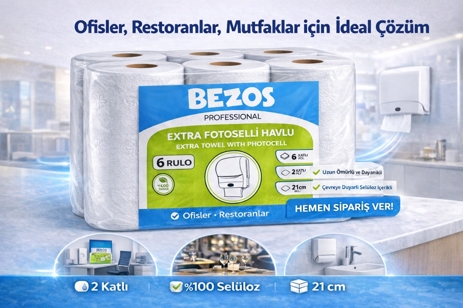 Bezos Professional Fotoselli Havlu 6 Rulo "“ 2 Katlı %100 Selüloz 21 cm Endüstriyel Kağıt Havlu