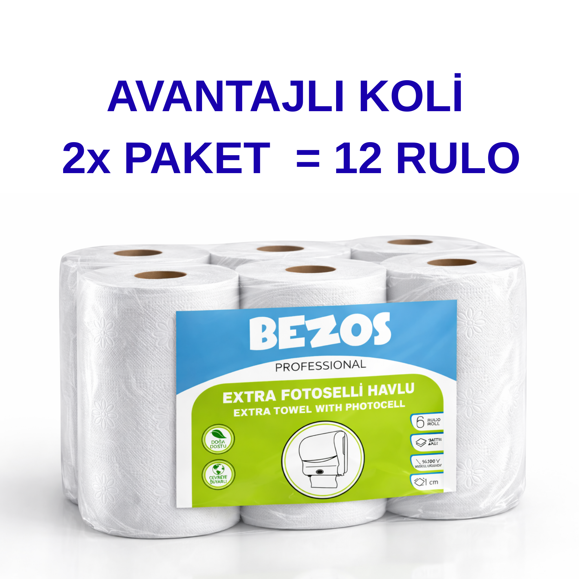 Bezos Professional Fotoselli Havlu 12 Rulo "“ 2 Katlı %100 Selüloz 21 cm Endüstriyel Kağıt Havlu 2X6 Rulo