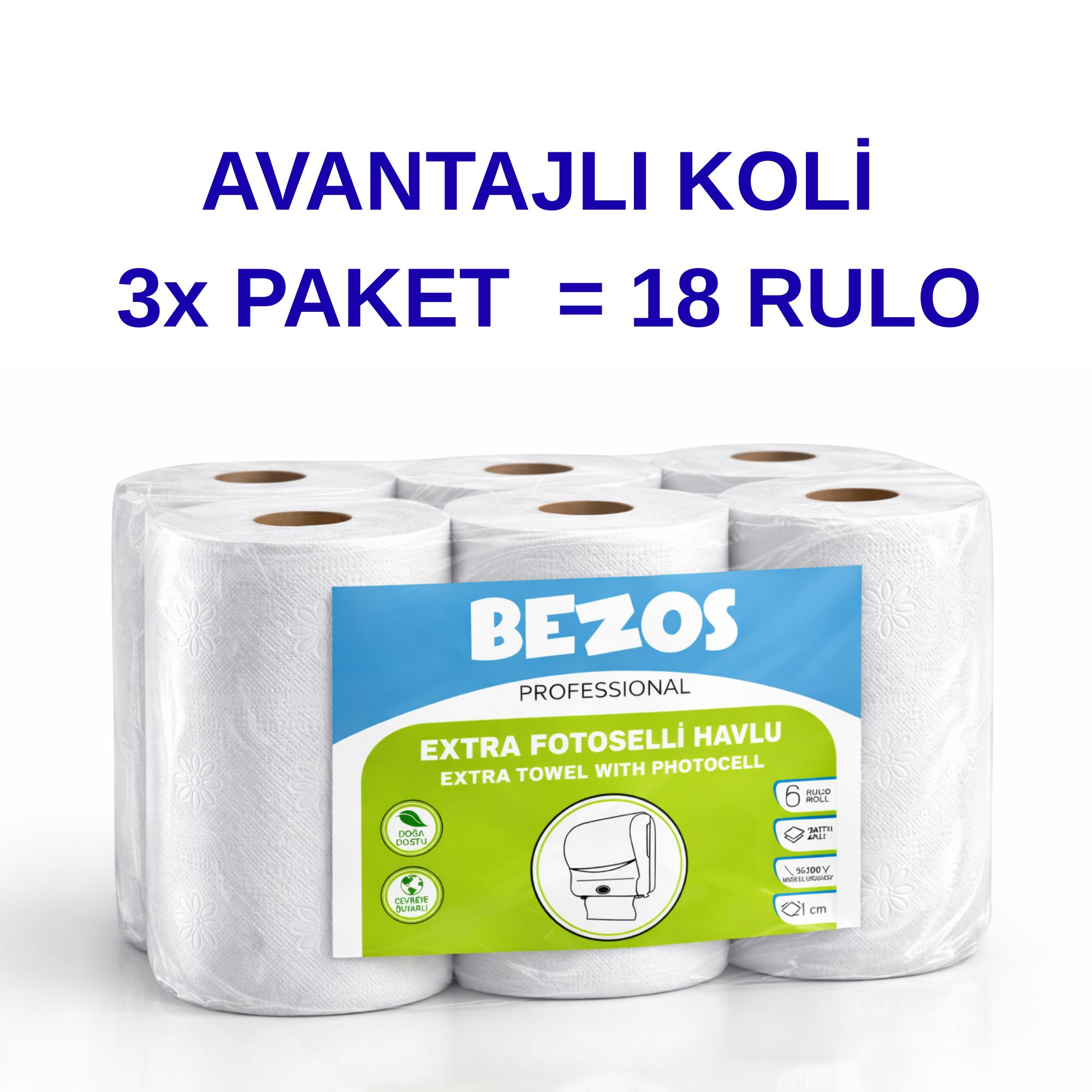 Bezos Professional Fotoselli Havlu 18 Rulo "“ 2 Katlı %100 Selüloz 21 cm Endüstriyel Kağıt Havlu 3X6 Rulo