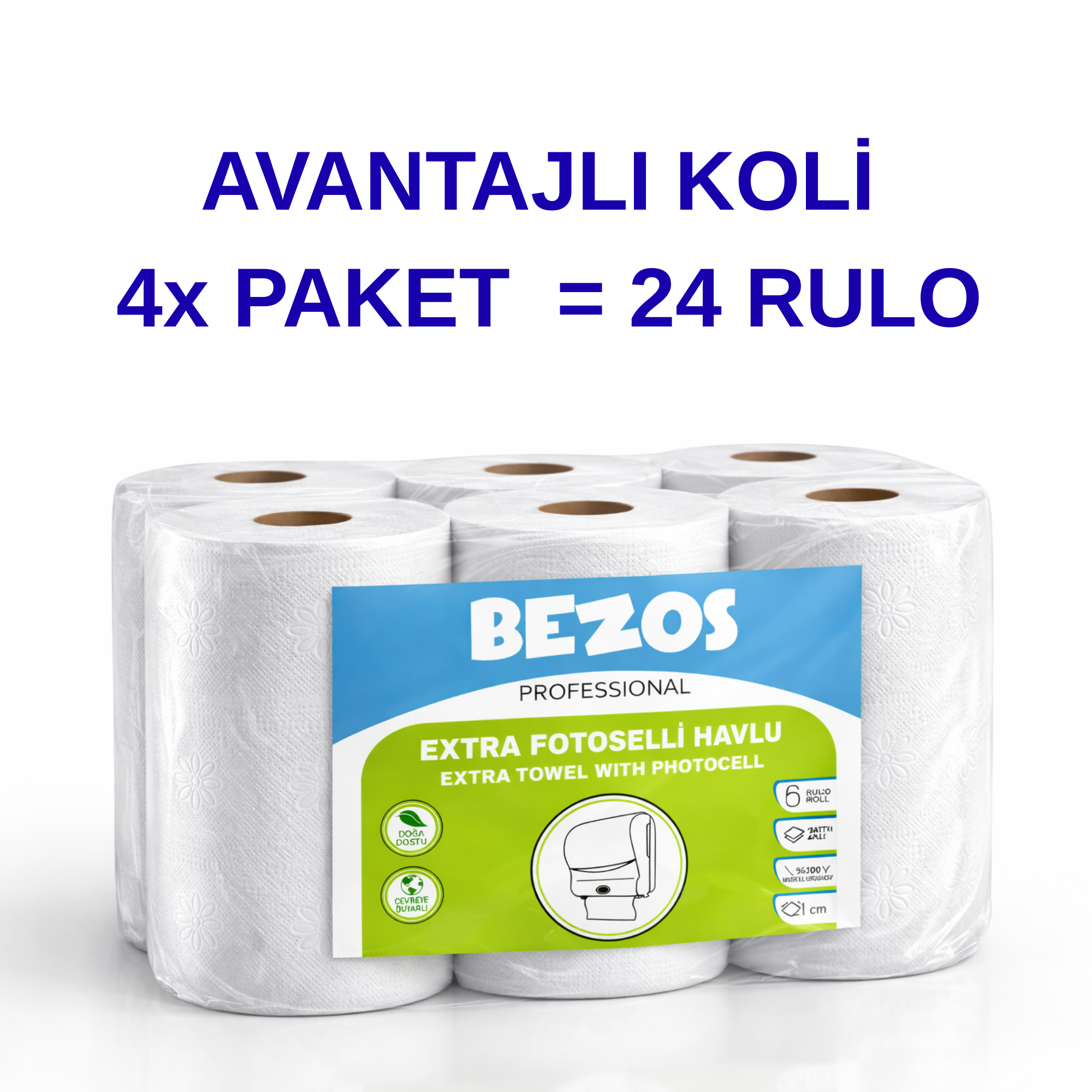 Bezos Professional Fotoselli Havlu 24 Rulo "“ 2 Katlı %100 Selüloz 21 cm Endüstriyel Kağıt Havlu 4X6 Rulo