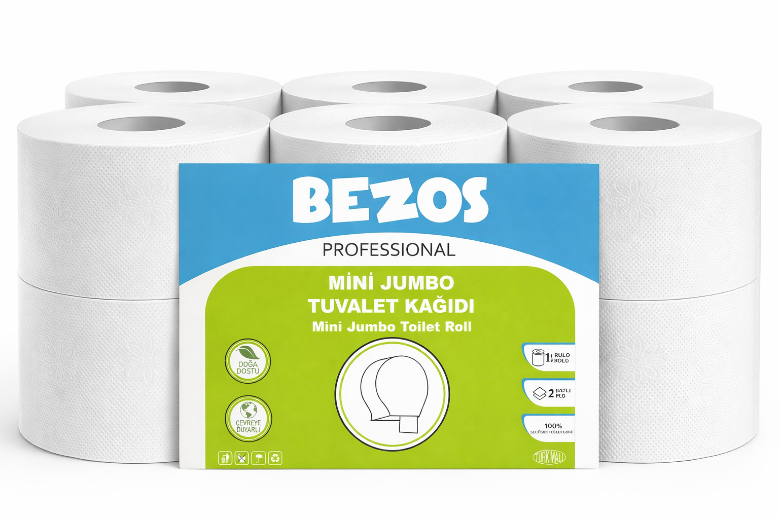 Bezos Professional Mini Jumbo Tuvalet Kağıdı 12 Rulo | 2 Katlı | %100 Selüloz | Endüstriyel & Ev Tipi Kullanım