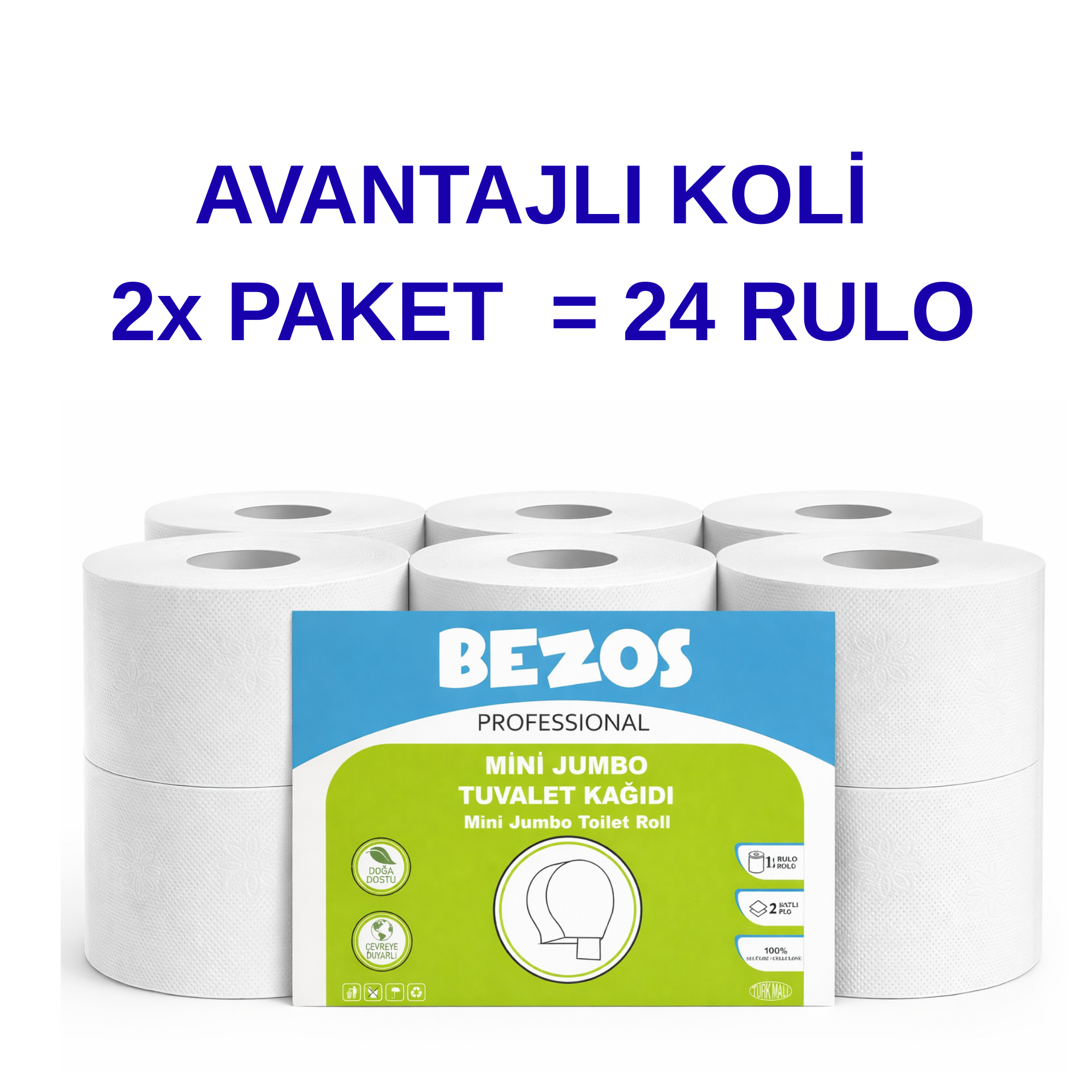 Bezos Professional Mini Jumbo Tuvalet Kağıdı 24 Rulo | 2 Katlı | %100 Selüloz | Endüstriyel & Ev Tipi Kullanım 2X12RULO