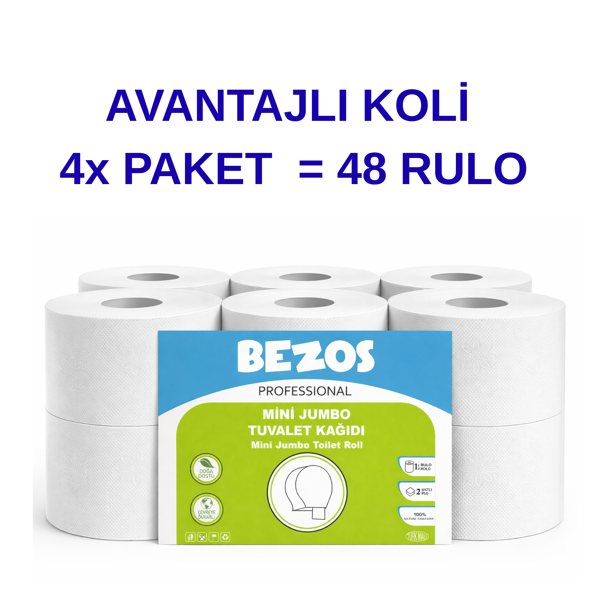 Bezos Professional Mini Jumbo Tuvalet Kağıdı 48 Rulo | 2 Katlı | %100 Selüloz | Endüstriyel & Ev Tipi Kullanım 4X12RULO
