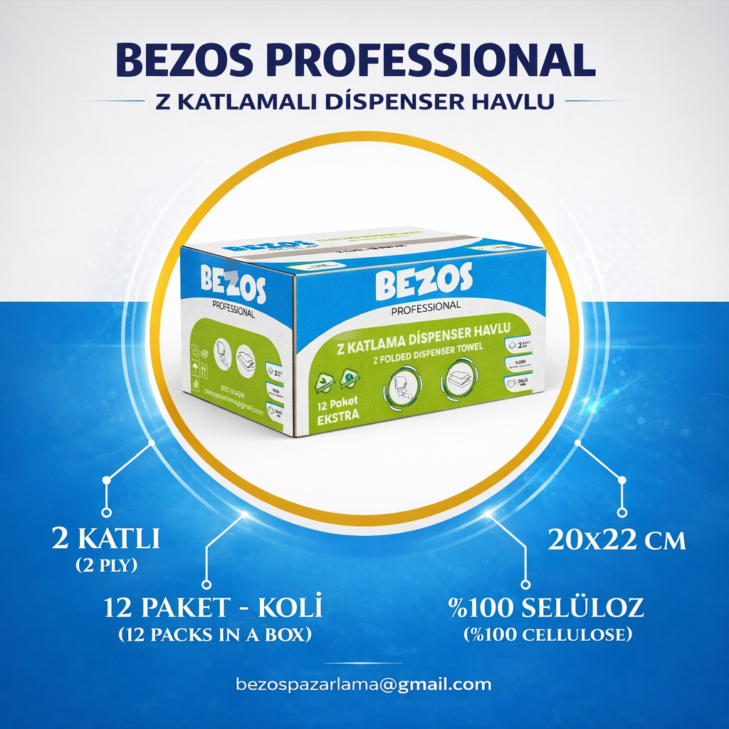 Bezos Professional Z Katlamalı Dispenser Havlu 2 Katlı %100 Selüloz 20x22 cm 12'li Koli