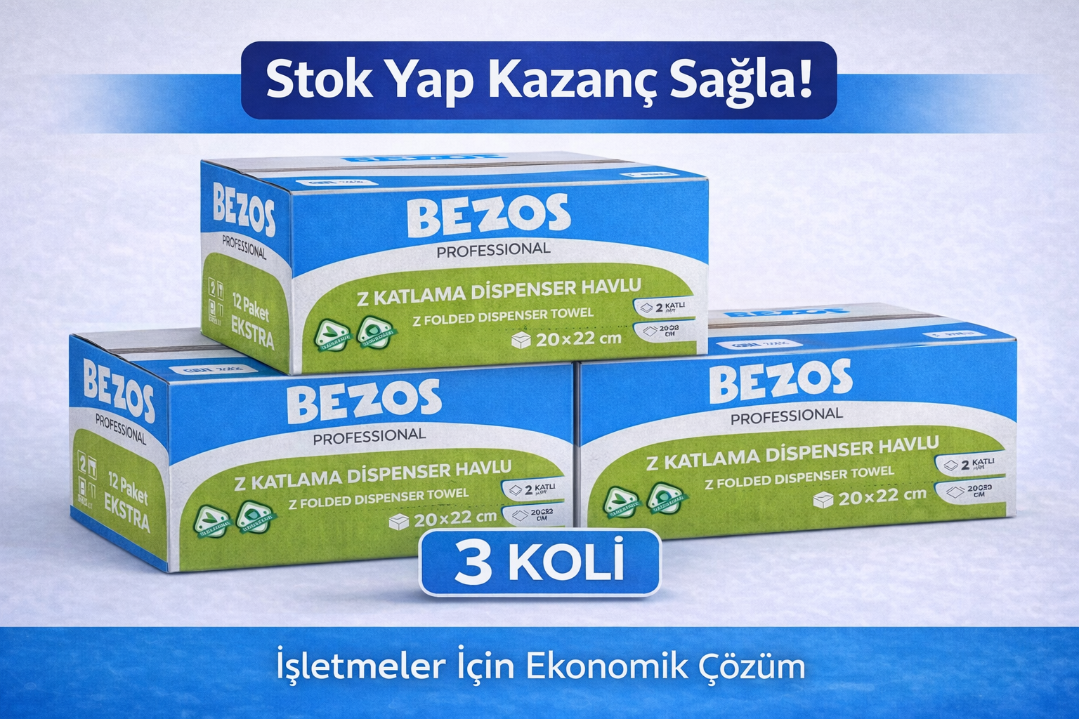 Bezos Professional Z Katlamalı Dispenser Havlu 2 Katlı %100 Selüloz 20x22 cm 3 Koli (36 Paket)