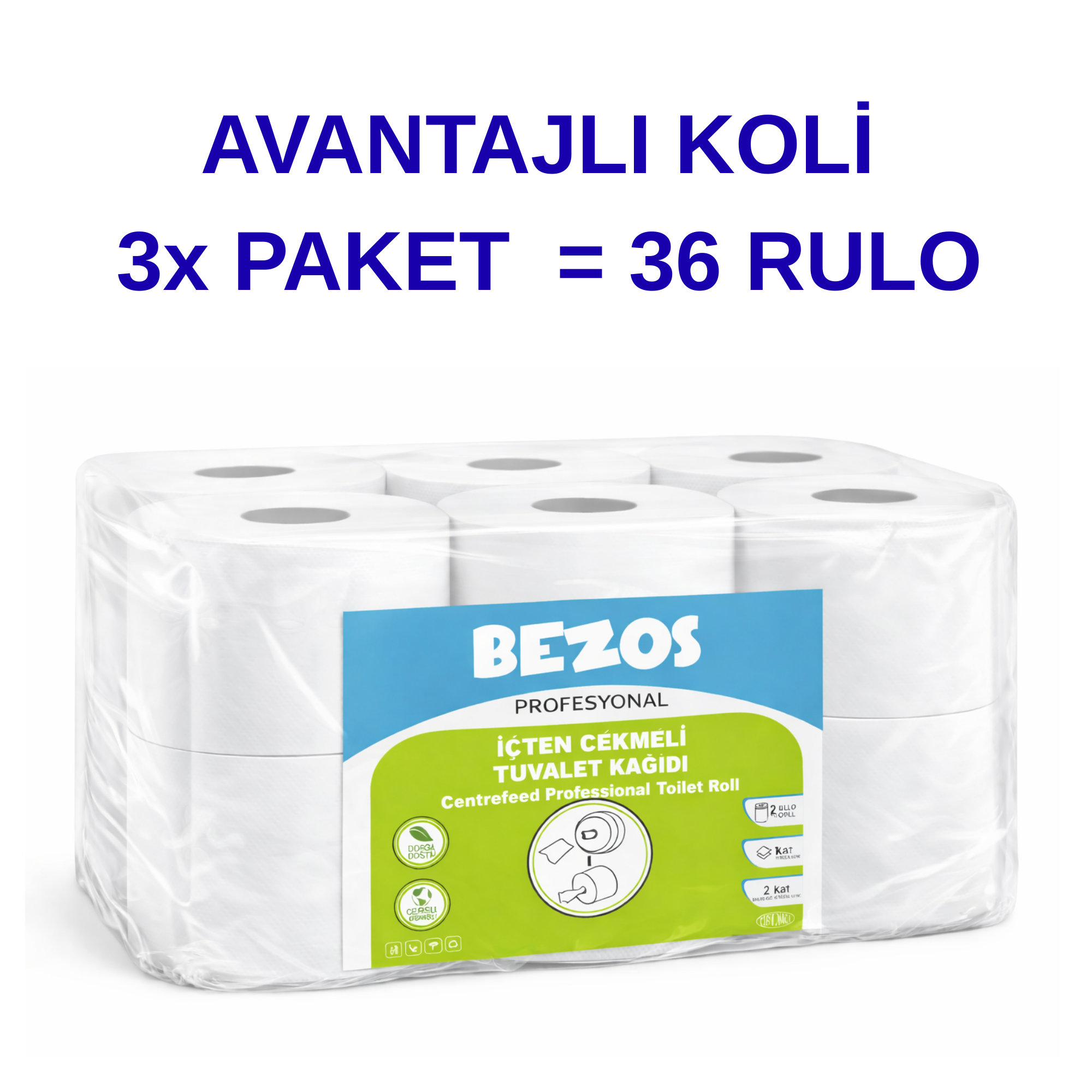 Bezos Profesyonel İçten Çekmeli Tuvalet Kağıdı 36 Rulo | Mini Cimri | 2 Katlı %100 Selüloz 3X12RULO