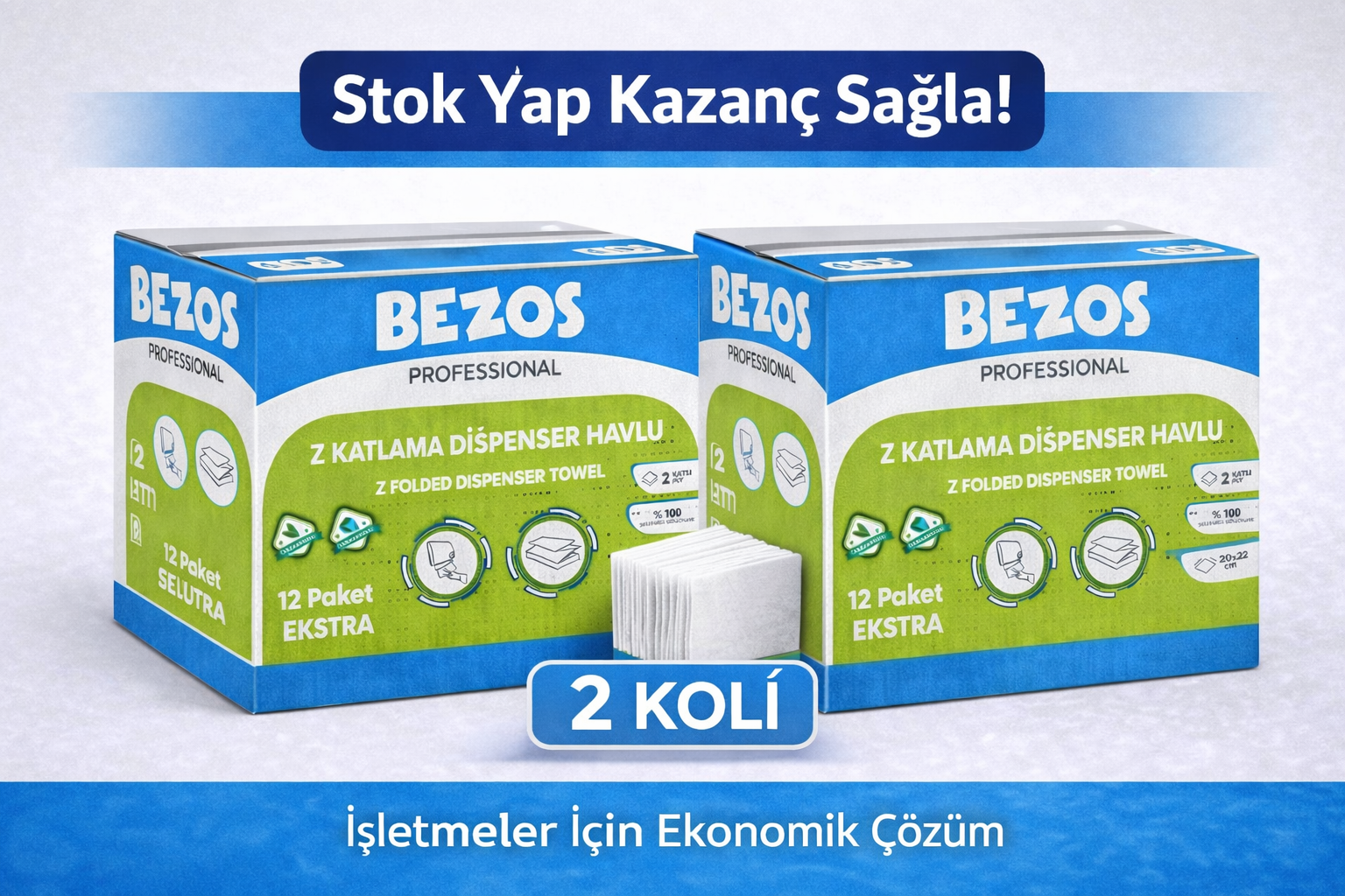 Bezos Z Katlamalı Dispenser Havlu 2 Katlı 20x22 cm %100 Selüloz 2 Koli Avantaj Paket