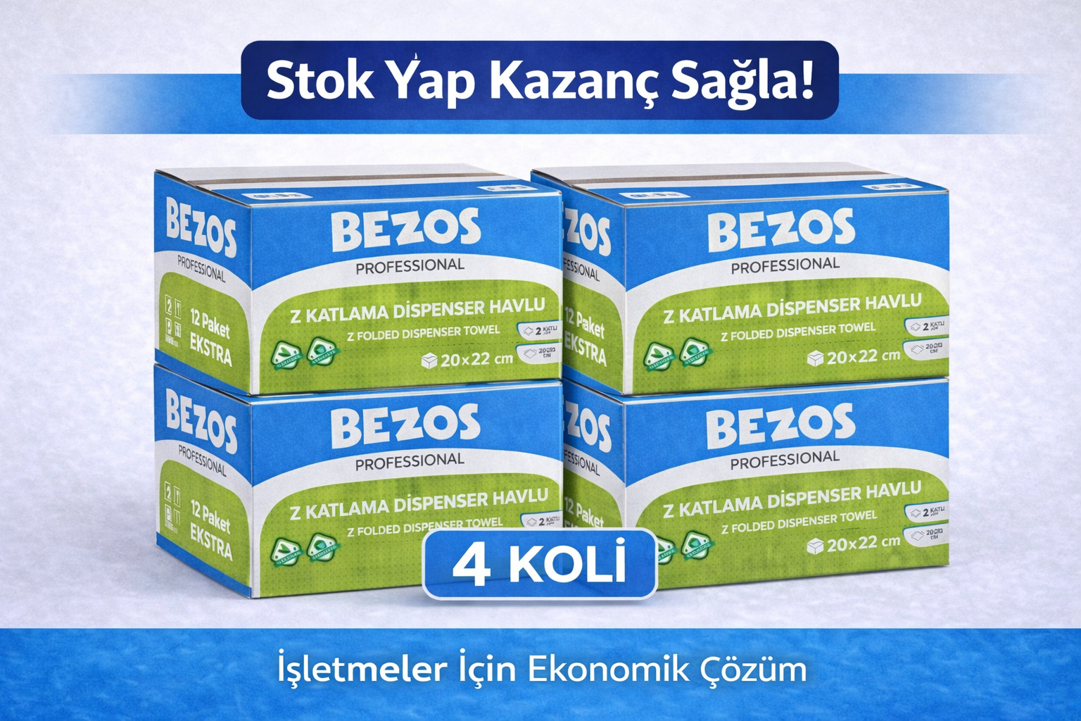 Bezos Z Katlamalı Dispenser Havlu 2 Katlı 20x22 cm %100 Selüloz 4 Koli Avantaj Paket