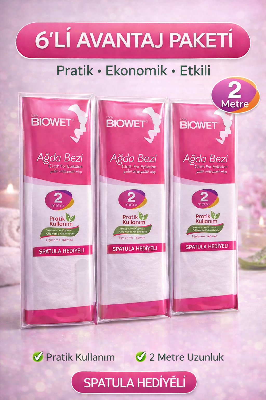 Biowet Ağda Bezi 2 Metre Spatula Hediyeli Epilasyon Bezi Dayanıklı Tüy Dökme Bezi 6 Paket