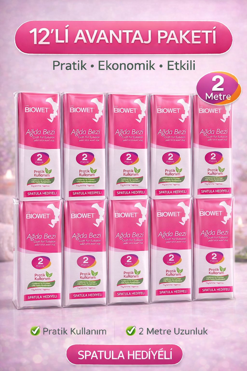 Biowet Ağda Bezi 2 Metre Spatula Hediyeli Epilasyon Bezi Dayanıklı Tüy Dökme Bezi 12 Paket