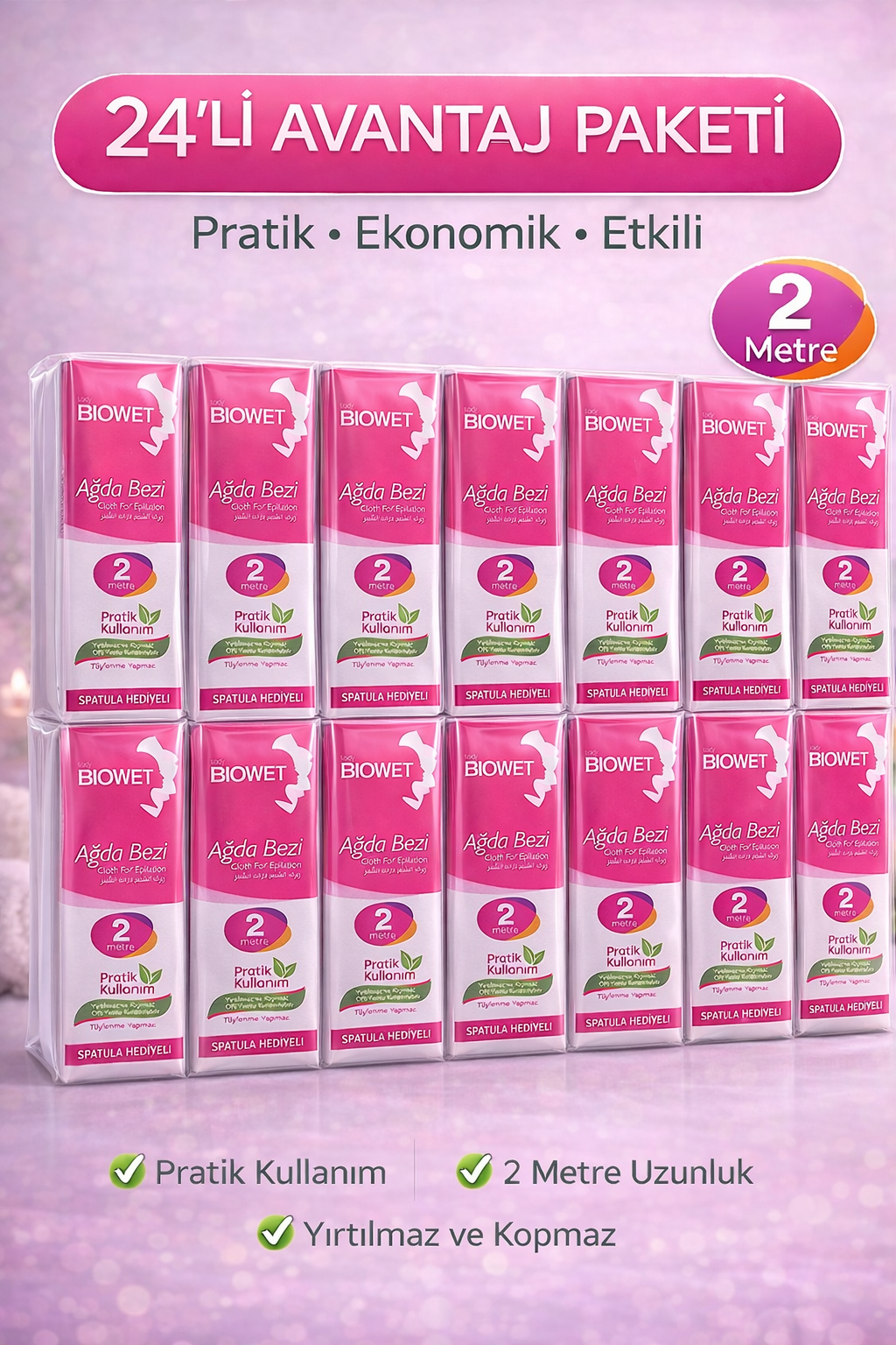 Biowet Ağda Bezi 2 Metre Spatula Hediyeli Epilasyon Bezi Dayanıklı Tüy Dökme Bezi 24 Paket