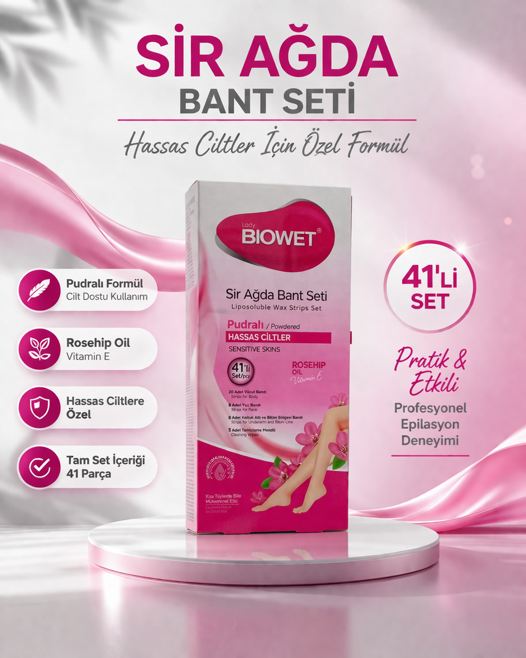 Biowet Pudralı Sir Ağda Bant Seti 41’li Hassas Ciltler İçin Rosehip Vitamin E Epilasyon Seti 1 Paket