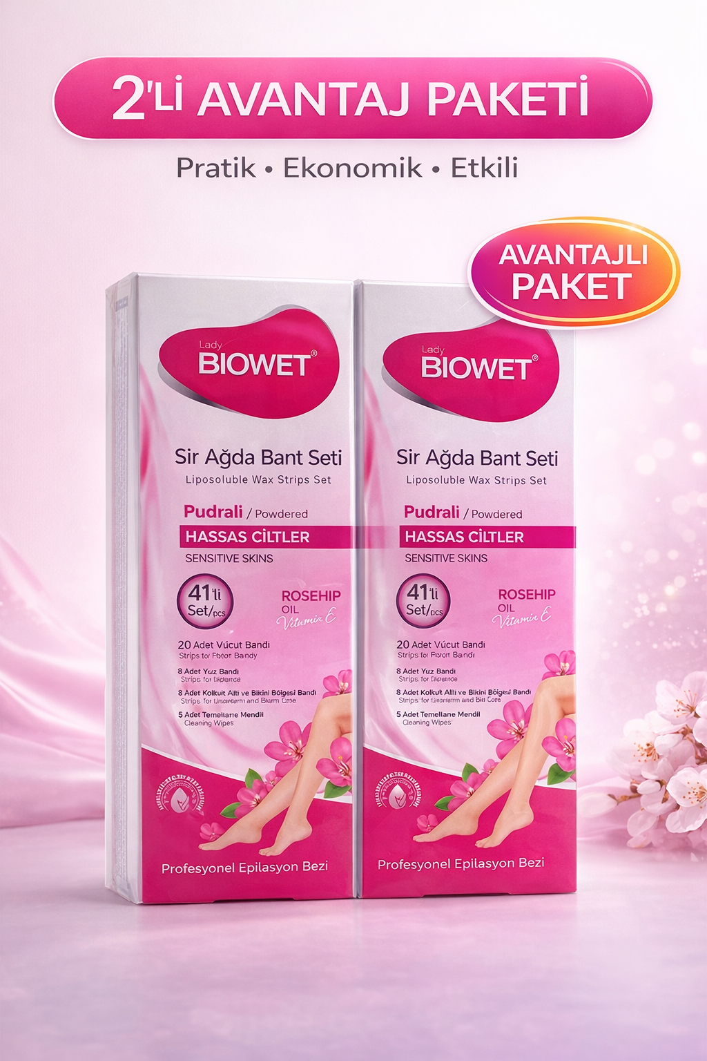 Biowet Pudralı Sir Ağda Bant Seti 41'li Hassas Ciltler İçin Rosehip Vitamin E Epilasyon Seti 2 Paket