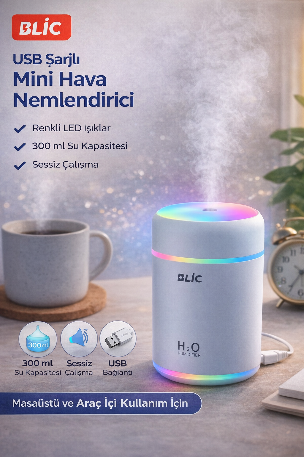 Blic CM-9S Renkli Işıklı Hava Nemlendirici 300 ml USB Şarjlı Mini Masaüstü Nemlendirici