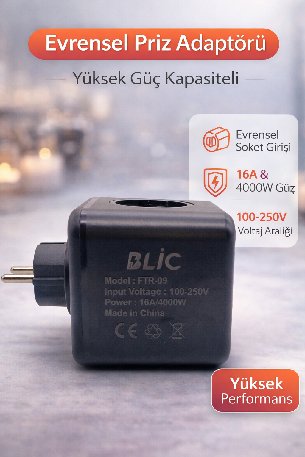 Blic FTR-09 Akım Korumalı Çoklu Priz 4000W 16A USB ve Type-C Hızlı Şarj Özellikli Çoklayıcı Priz