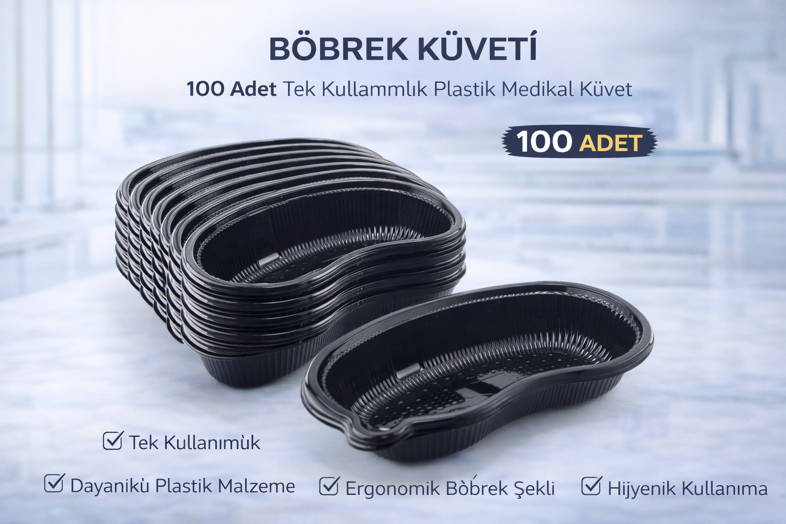 Böbrek Küveti 100 Adet Tek Kullanımlık Plastik Medikal Küvet