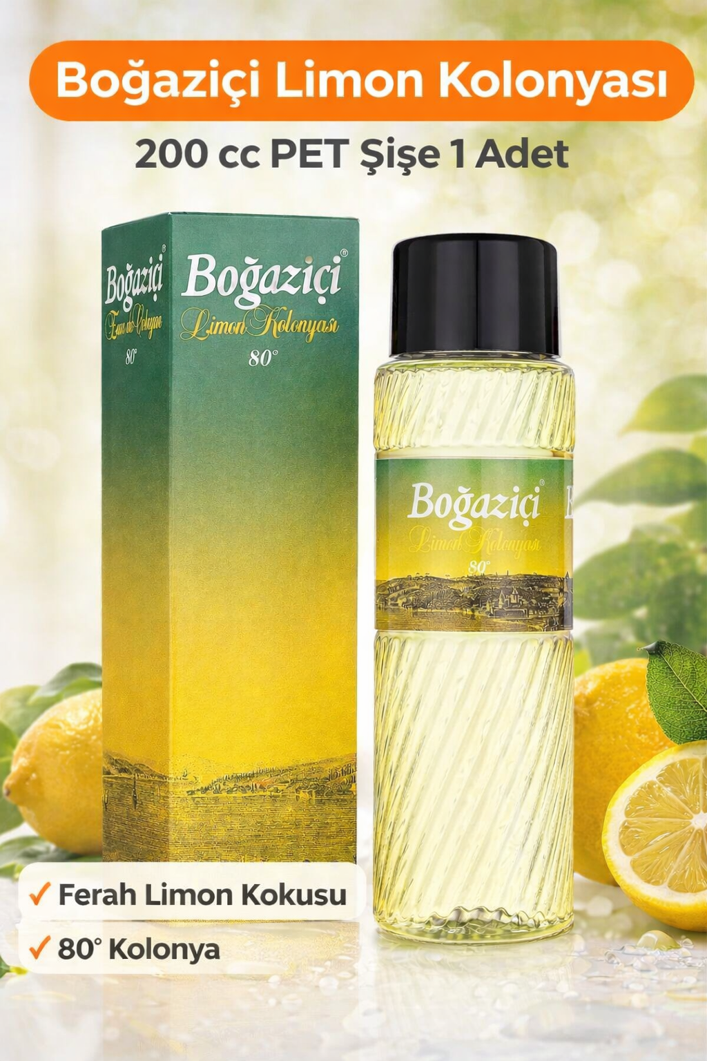 Boğaziçi Limon Kolonyası 200 cc 80Â° Ferahlatıcı Limon Kokulu Kolonya Pet Şişe 1 Adet