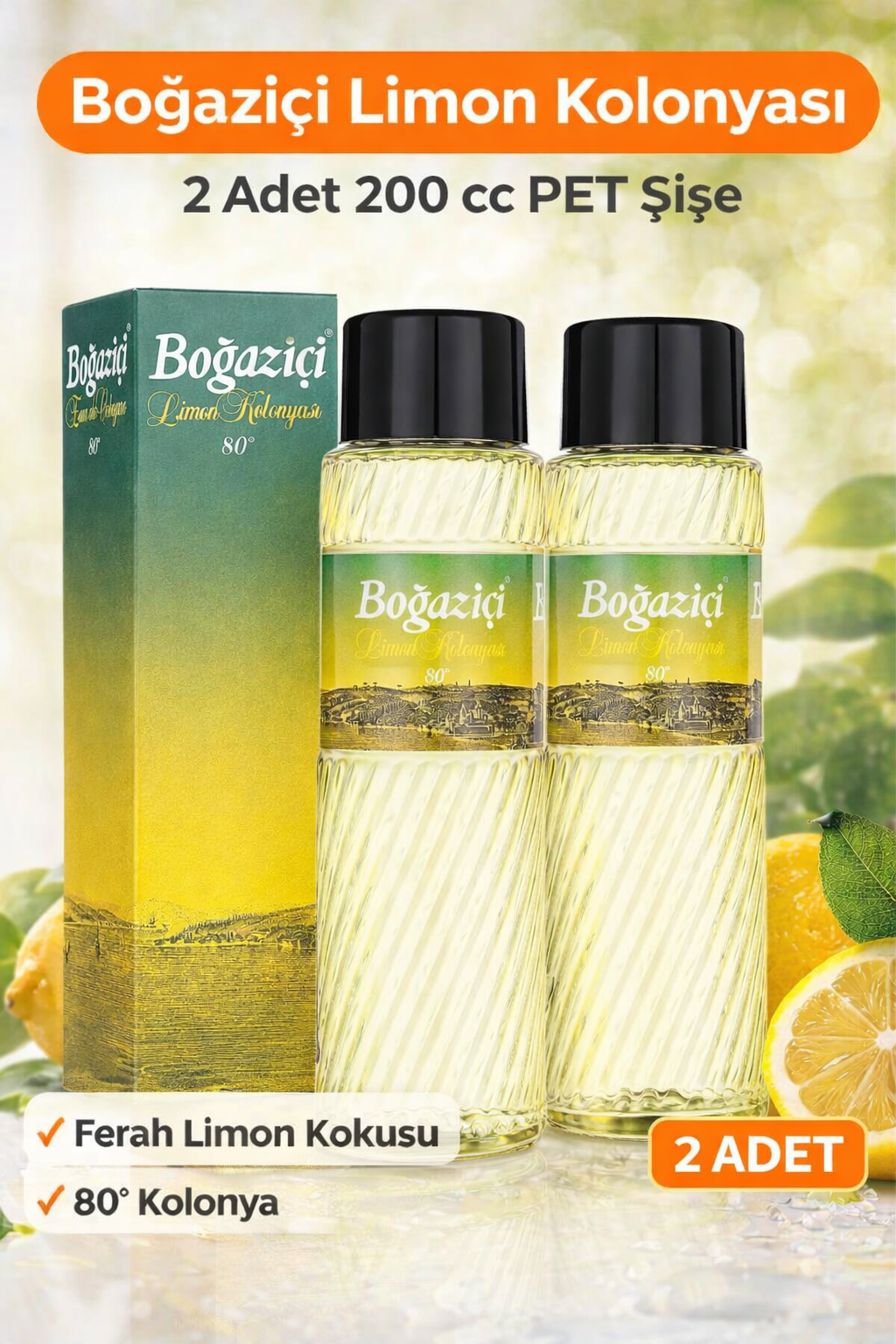 Boğaziçi Limon Kolonyası 200 cc PET Şişe 2 Adet 80Â° Ferahlatıcı Limon Kokulu Kolonya