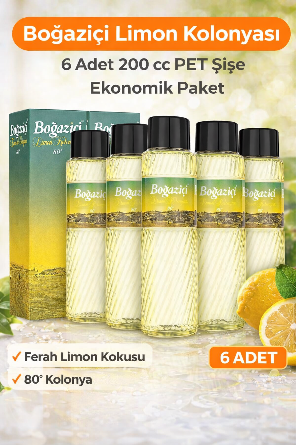 Boğaziçi Limon Kolonyası 200 cc PET Şişe 6 Adet 80Â° Ferahlatıcı Limon Kokulu Kolonya Ekonomik Paket