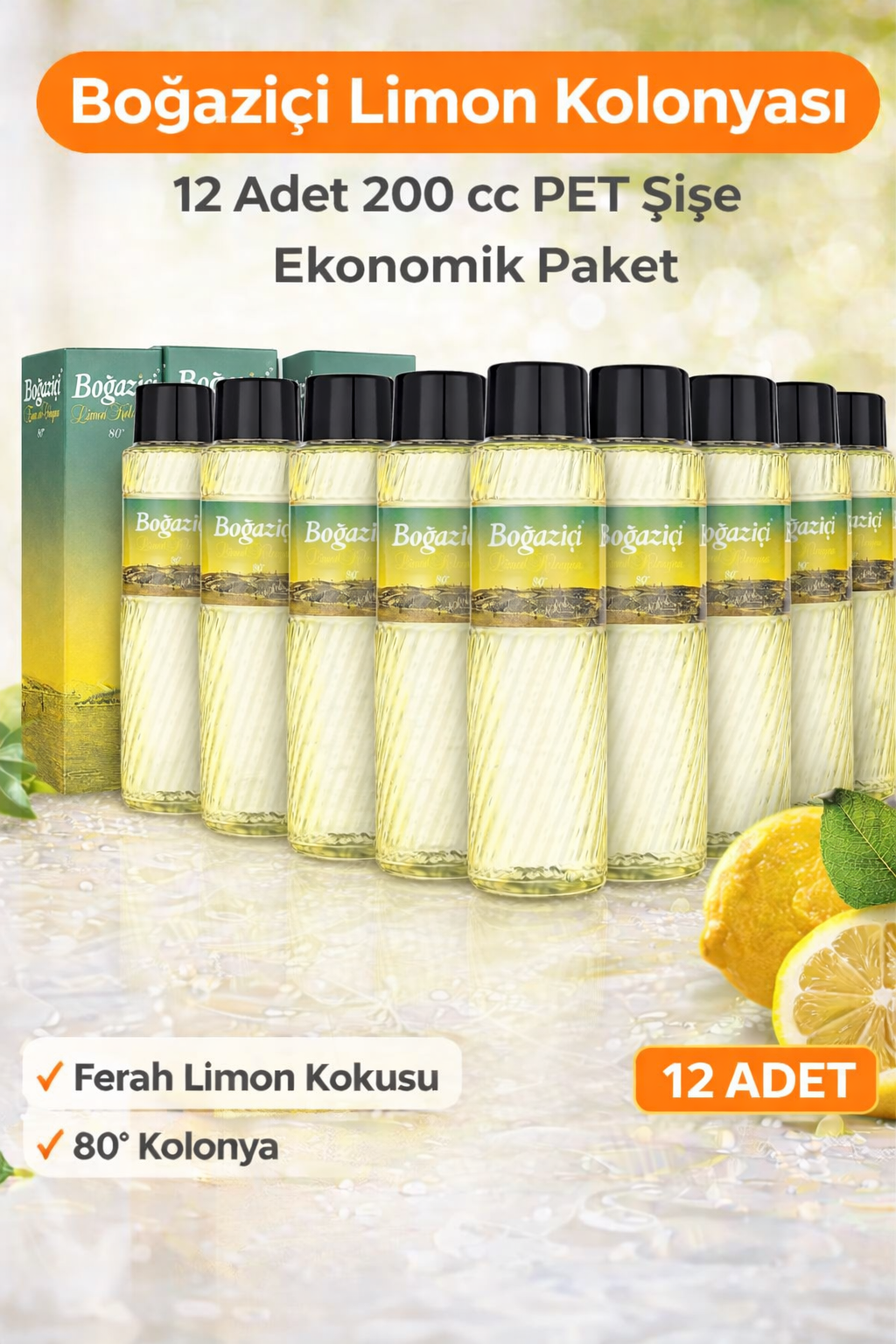 Boğaziçi Limon Kolonyası 200 cc PET Şişe 12 Adet 80Â° Limon Kokulu Kolonya Ekonomik Çoklu Paket