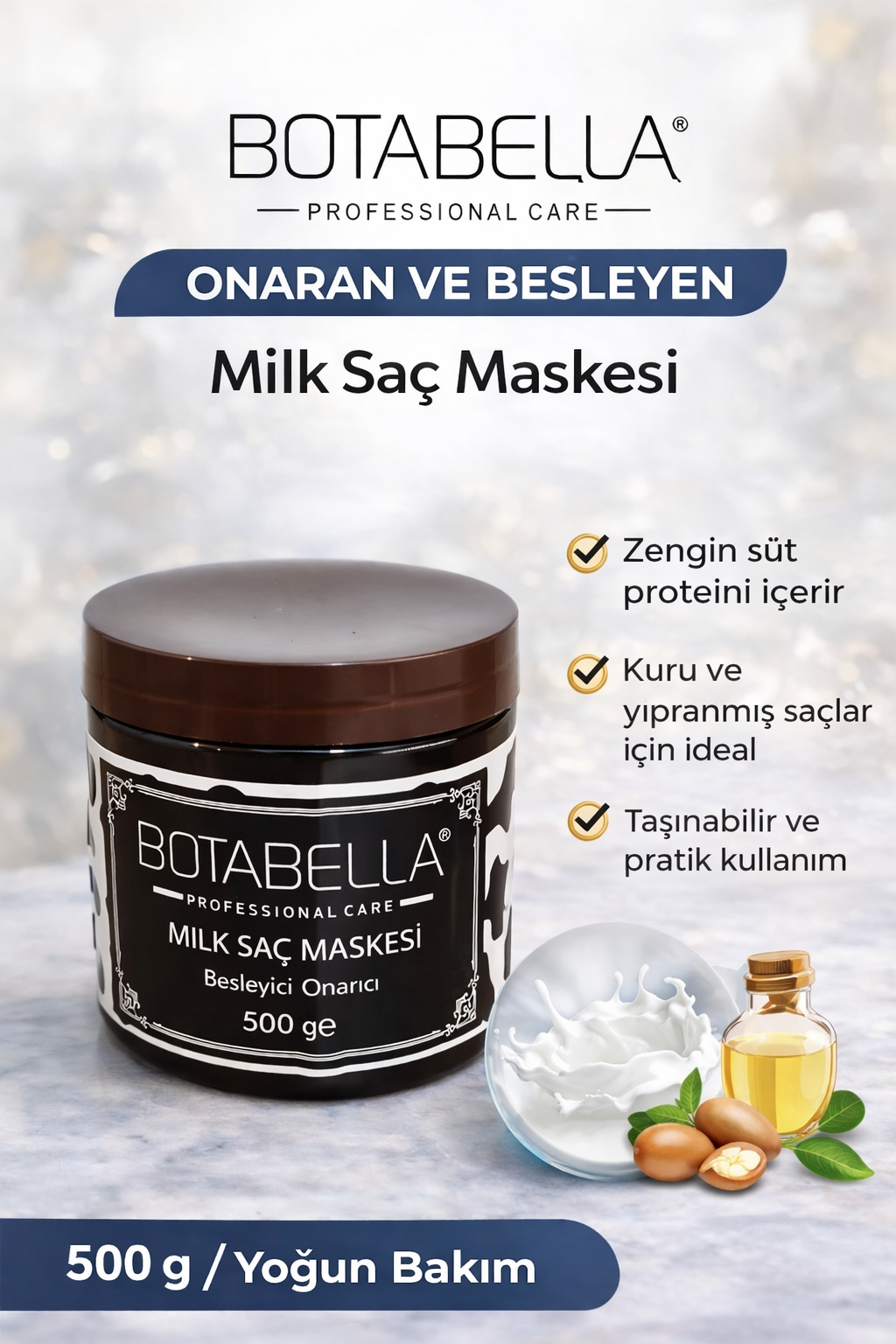 Botabella Milk Saç Maskesi 500 gr Besleyici Onarıcı Yoğun Bakım Maskesi Kuru ve Yıpranmış Saçlar İçin