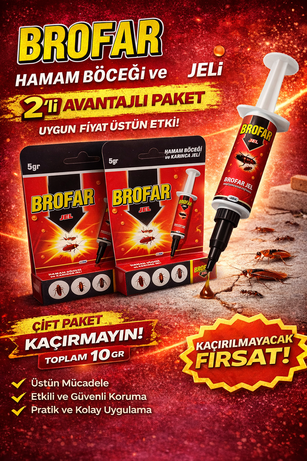 Brofar Jel Hamam Böceği ve Karınca Jeli 5 gr Etkili Haşere İlacı Ev İçi Kullanım 2 Adet