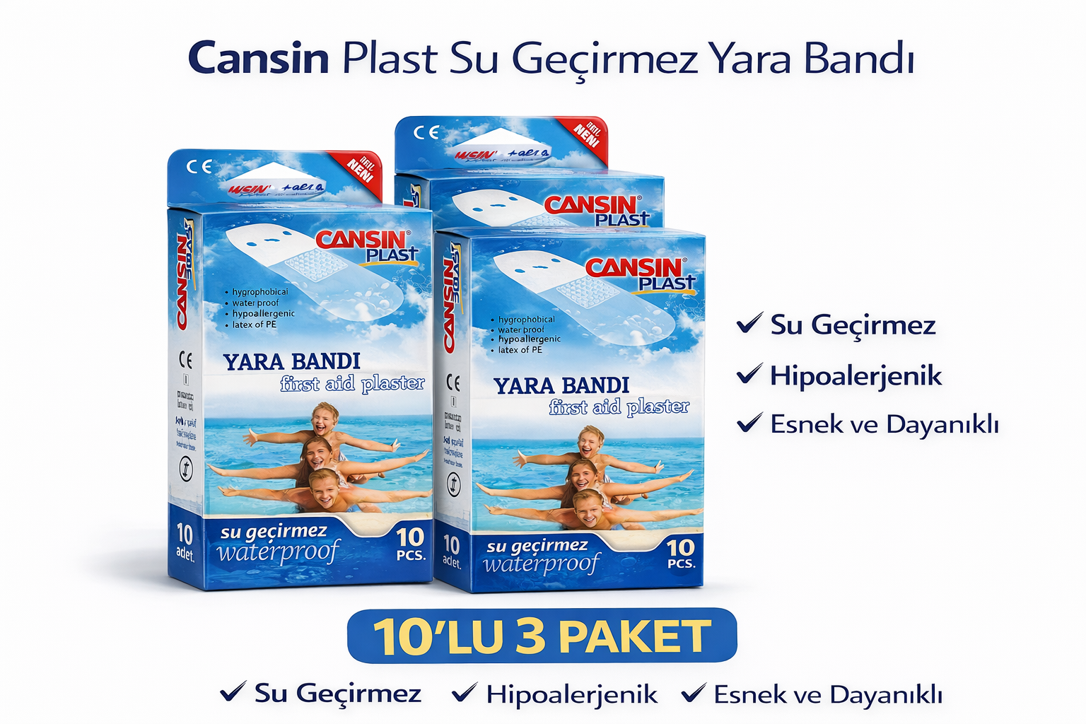Cansın Plast Su Geçirmez Yara Bandı 10'lu 3 Paket Waterproof First Aid Plaster