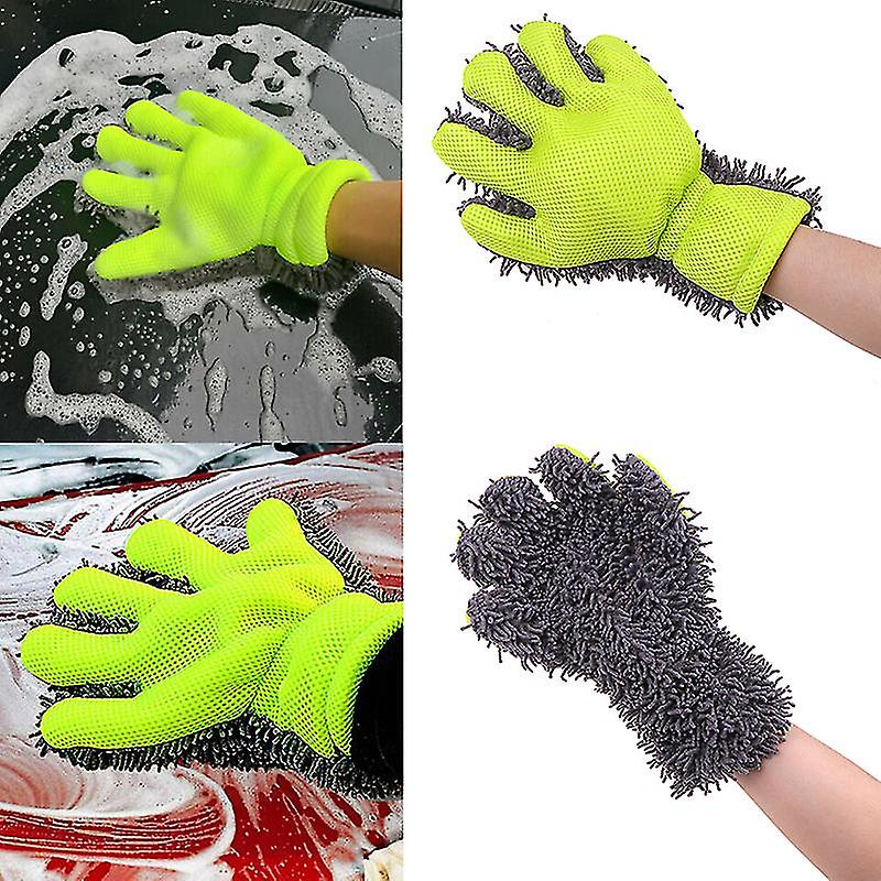 Çift Taraflı Mikrofiber Şönil Tüylü 5 Parmaklı Araba Oto Yıkama Temizlik Eldiveni Yeşil Gri