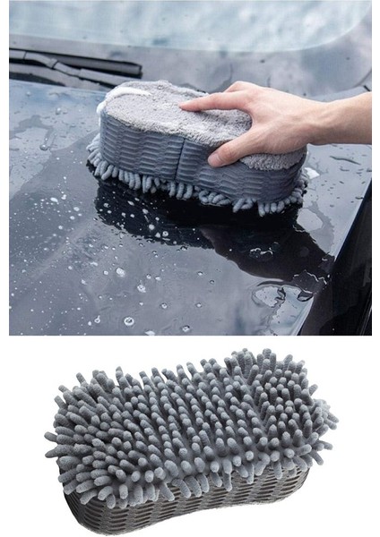 Çift Taraflı Mikrofiber Şönil Tüylü Araba Oto Yıkama Kurulama Temizlik Süngeri 23x12x6cm Gri