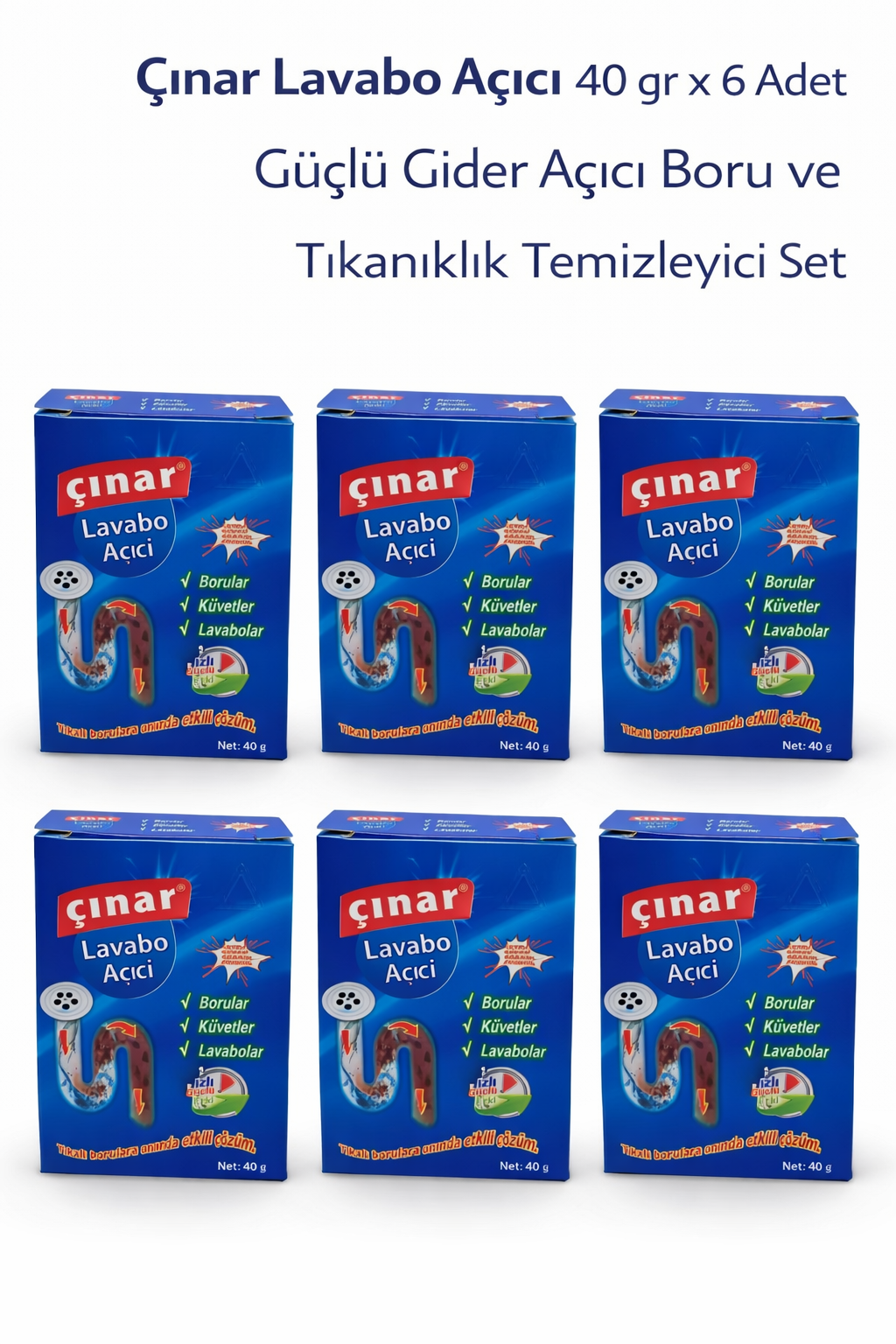 Çınar Lavabo Açıcı 40 gr x 6 Adet "“ Güçlü Gider Açıcı Boru ve Tıkanıklık Temizleyici Set
