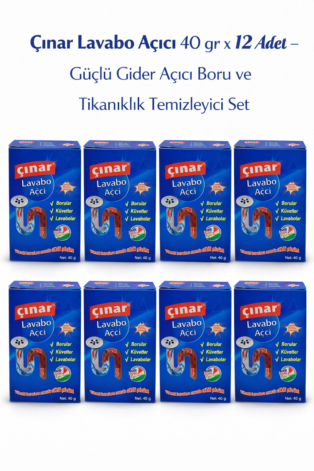 Çınar Lavabo Açıcı 40 gr x 12 Adet "“ Güçlü Gider Açıcı Boru ve Tıkanıklık Temizleyici Set