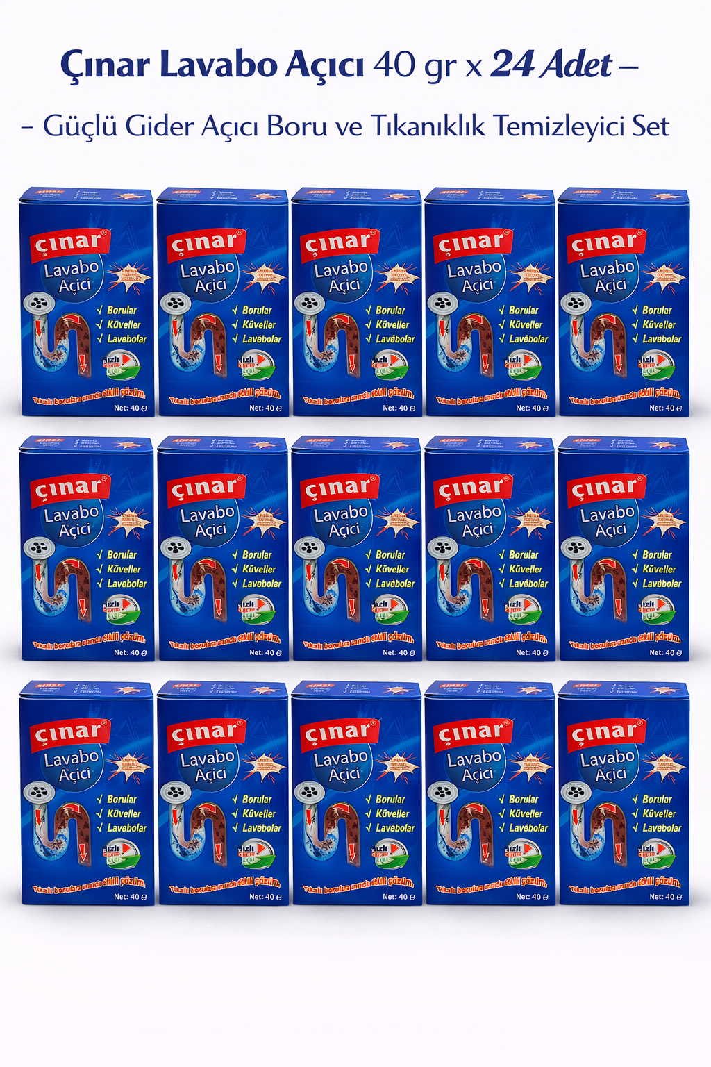 Çınar Lavabo Açıcı 40 gr x 24 Adet "“ Profesyonel Güçlü Gider Açıcı Tıkanıklık Temizleyici Set