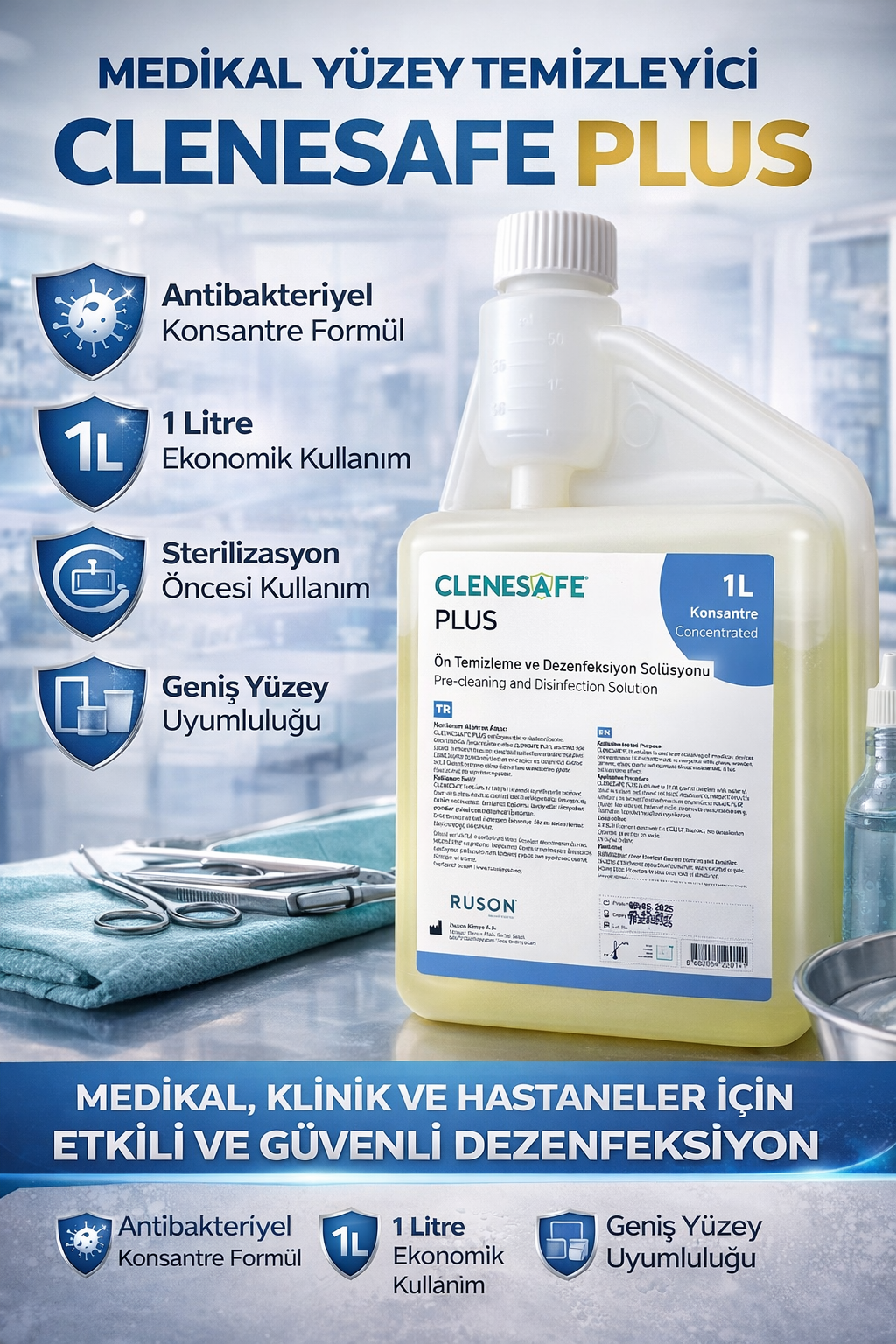 Clenesafe Plus 1 L Konsantre Ön Temizleme ve Dezenfeksiyon Solüsyonu Medikal Yüzey Temizleyici