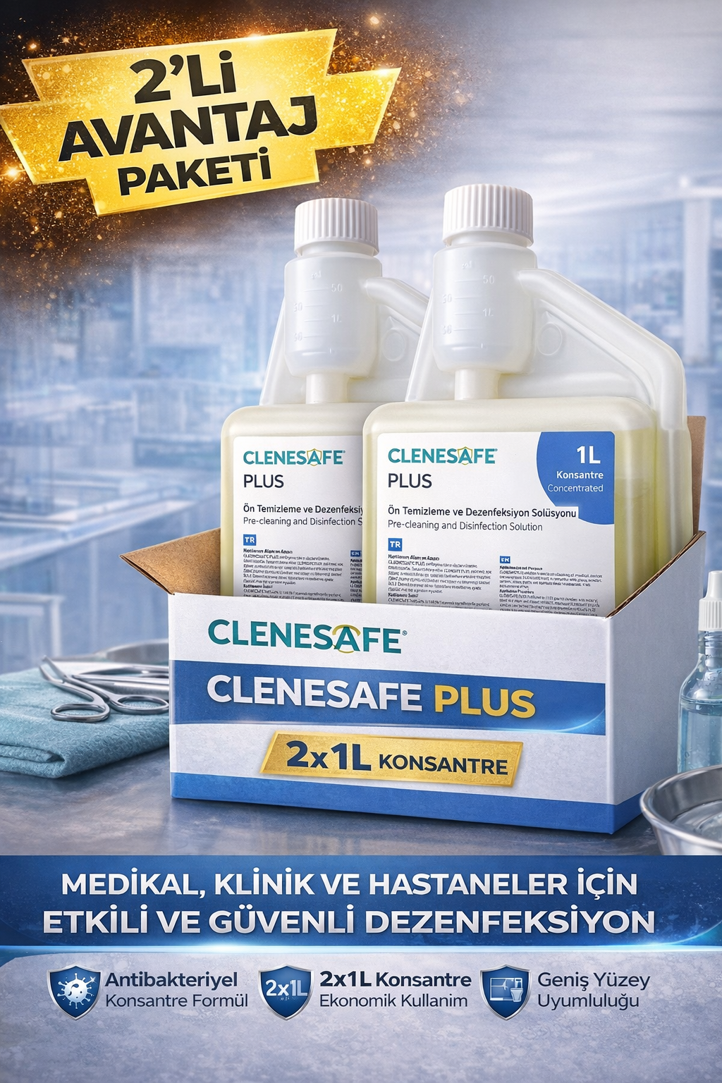 Clenesafe Plus 1 L Konsantre Ön Temizleme ve Dezenfeksiyon Solüsyonu Medikal Yüzey Temizleyici 2 Adet