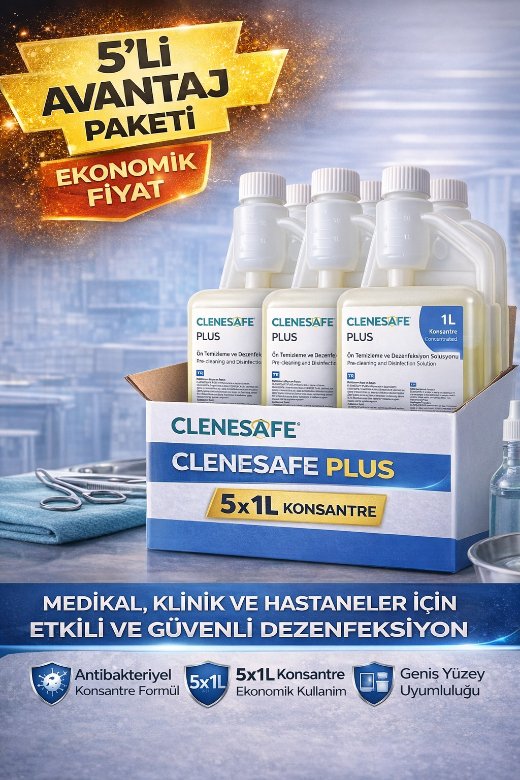 Clenesafe Plus 1 L Konsantre Ön Temizleme ve Dezenfeksiyon Solüsyonu Medikal Yüzey Temizleyici 5 Adet