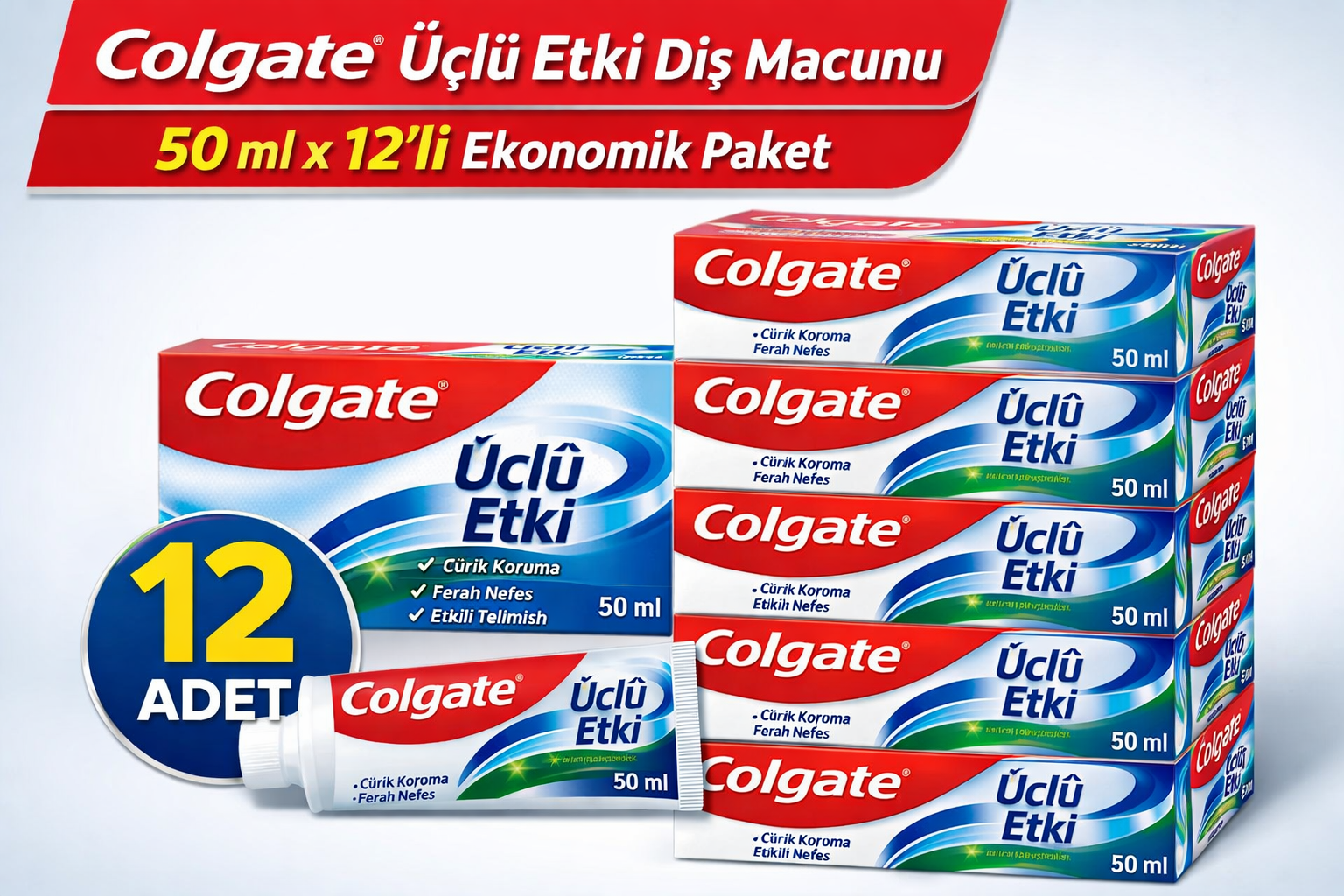 Colgate Üçlü Etki Diş Macunu 50 ml Çürük Koruma & Ferah Nefes 12 ADET