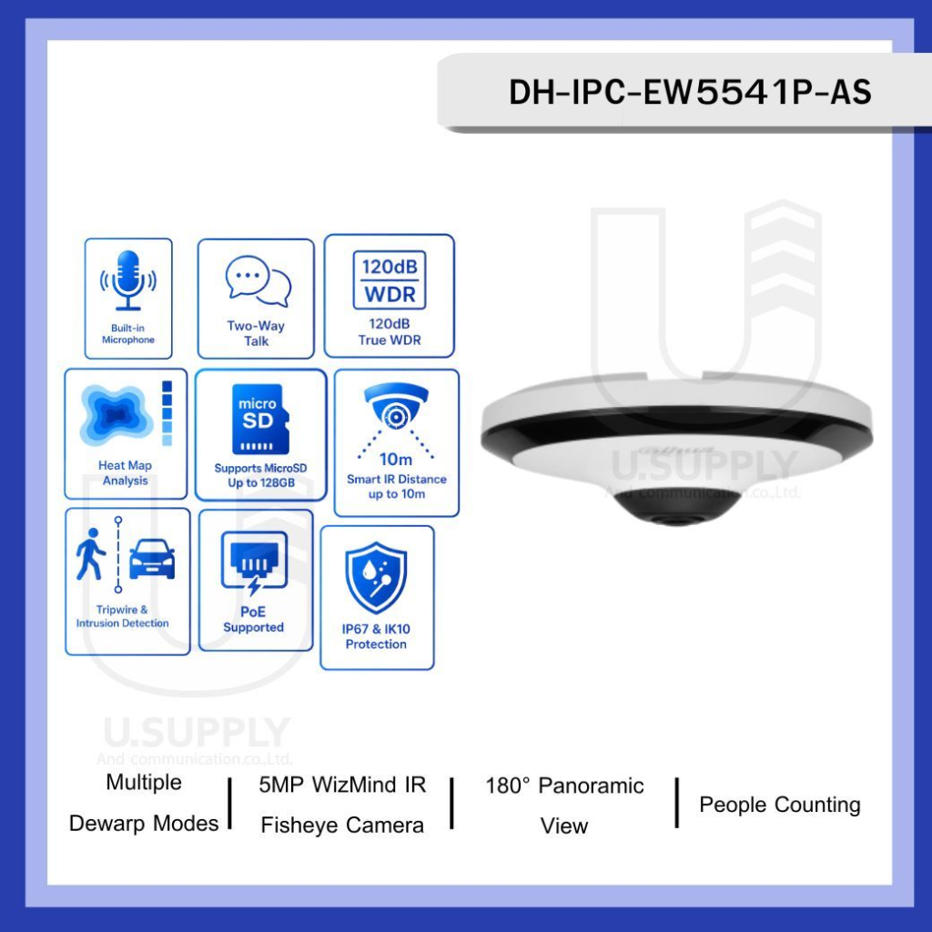 DAHUA IPC-EW5541P-AS 5Mpix, 1,4mm Lens,H265+, IK10, IP67, Dahili Mikrofon, Sd Kart, Metal Kasa, Fisheye IP Kamera