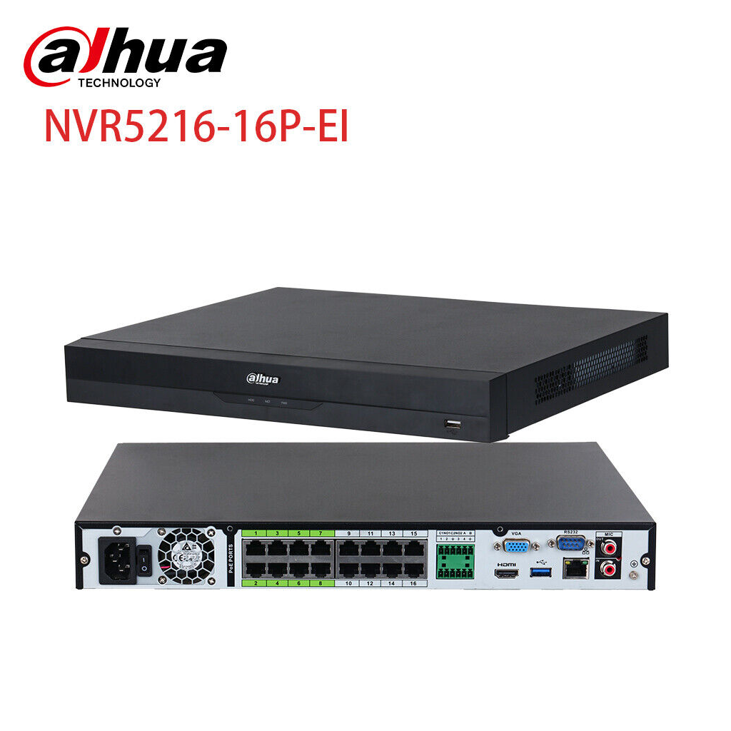DAHUA NVR5216-16P-EI, 16Kanal POE, 32Mpix, H265+, 2 HDD Desteği, 1080P Kayıt, 384Mbps Bant Genişliği, NVR