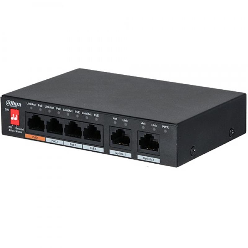 DAHUA PFS3006-4ET-60 4 PORT 10/100 + 2 PORT 10/100 UPLINK 250 METRE 60W POE METAL KASA SWITCH