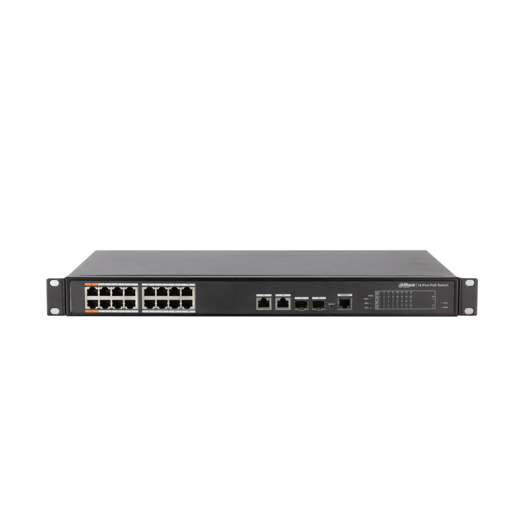 DAHUA PFS4218-16ET-240-V2, 16 Port, MegaBit, PoE 240W, 2 Port GigaBit Uplink, 2 Port GigaBit Combo SFP, Yönetilebilir, Rack Mount Switch