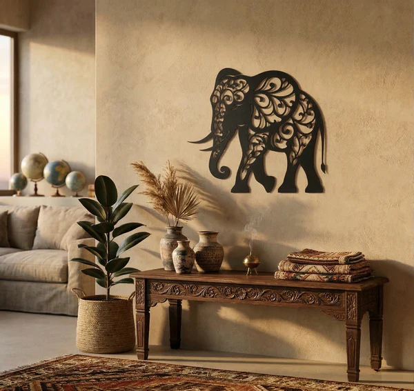 Dekoratif Fil Duvar Tablosu MDF Lazer Kesim Etnik Motifli Modern Duvar Süsü