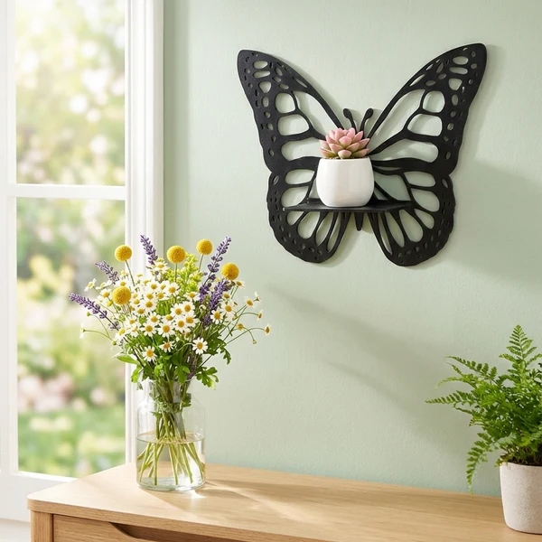 Dekoratif Kelebek Duvar Rafı MDF Lazer Kesim Duvar Süsü Mini Raf Bitki ve Obje Standı