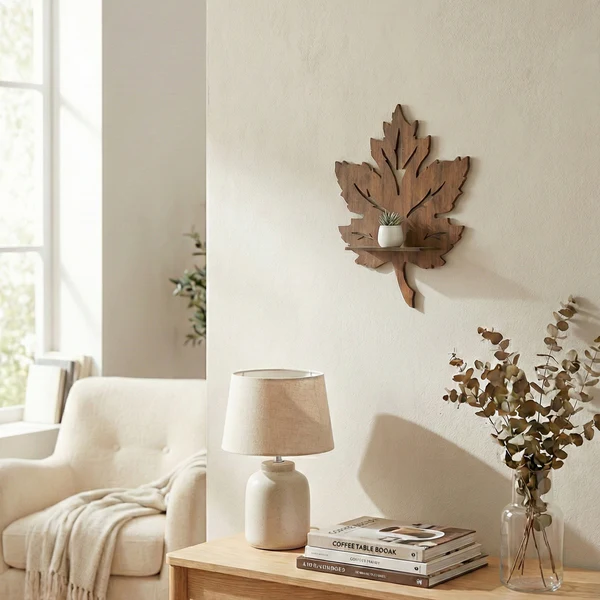 Dekoratif Yaprak Duvar Rafı MDF Lazer Kesim Duvar Süsü Mini Raf Bitki ve Obje Standı