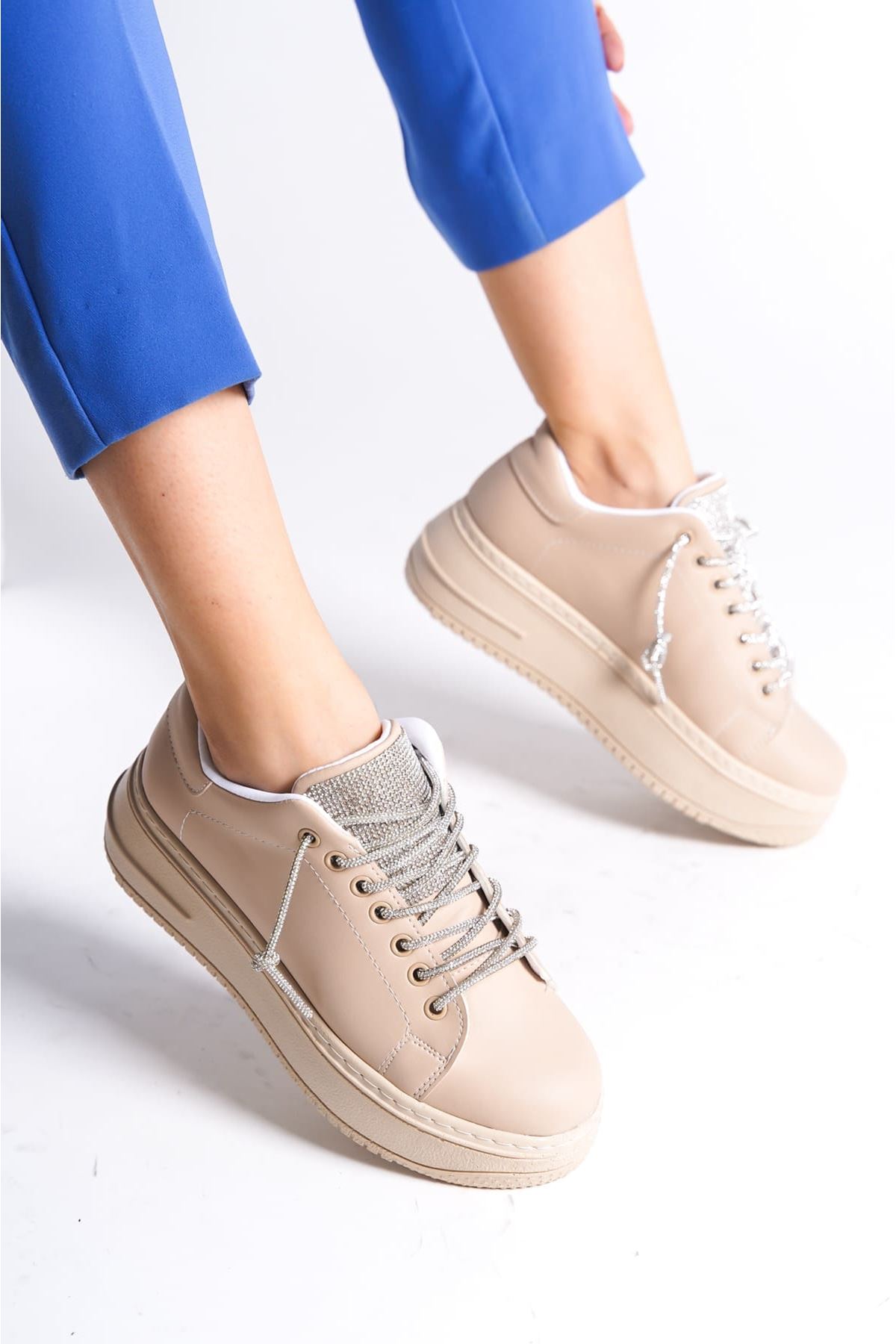 DELLA Bağcıklı Ortopedik Taban Taşlı Kadın Sneaker Spor Ayakkabı CTT - Ten